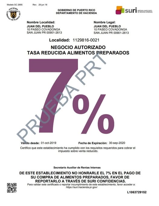 Sample Hacienda certificate for the 7% reduced tax rate on prepared foods